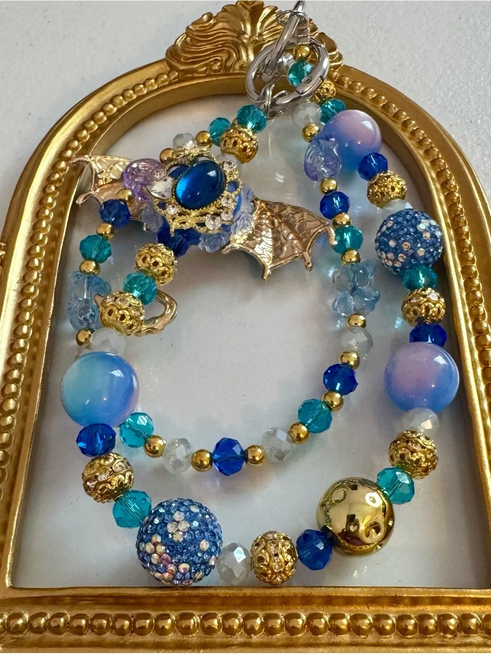 New Blue Crystal Beaded Dragon w/ soccer ball Phone Chain